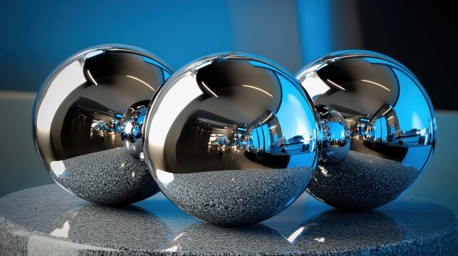 Chrome spheres interlocking on a stone textured surface