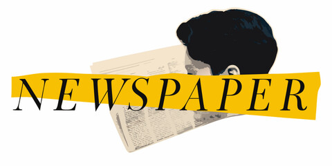 Abstract illustration of a person reading a newspaper with bold yellow banner