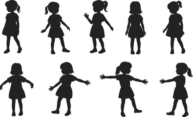 Obraz premium Girl silhouette icon set, child poses, black vector illustration, dress and hairstyle variety, motion study, character design artwork