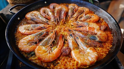 Close Up Of Spanish Paella Dish With Shrimp