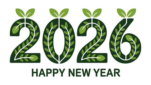 New Year 2026 Celebration: A vibrant visual celebration of the upcoming year, featuring an innovative design with the numbers 2026 intertwined with verdant foliage and the message Happy New Year.