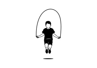 Fototapeta premium Minimalist silhouette of child jumping rope on white background