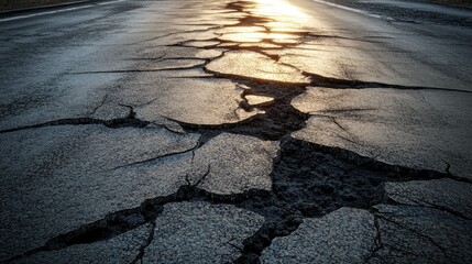 Cracked asphalt road with spiderweb patterns in sunlight