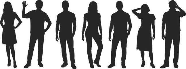 Standing human silhouettes, casual poses, black profile figures, body language illustration, fashion vector, posture icons, people design, gesture artwork