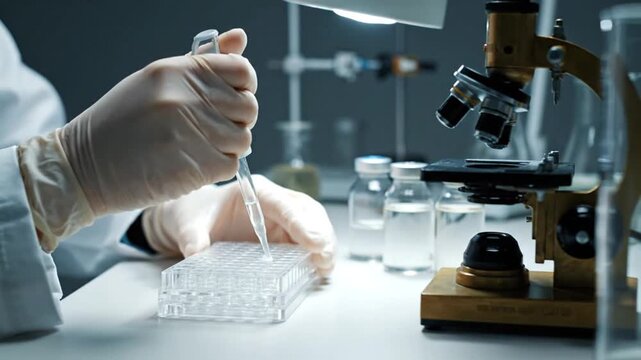 Scientific Research Close Up of Pipette Dripping Liquid into Microplate Wells beside a Microscope in a Lab setting with Light Background and Laboratory Equipment with Clean Presentation