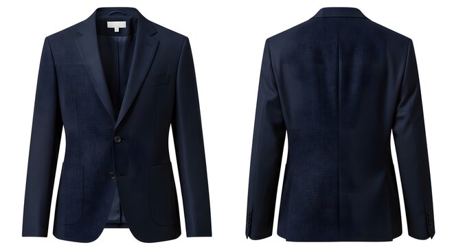 A navy blue blazer displayed from both front and back perspectives