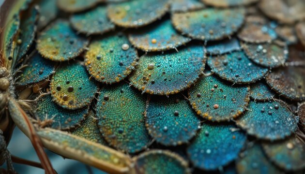 Intricate close-up of iridescent insect scales with dew drops, showcasing natural texture and