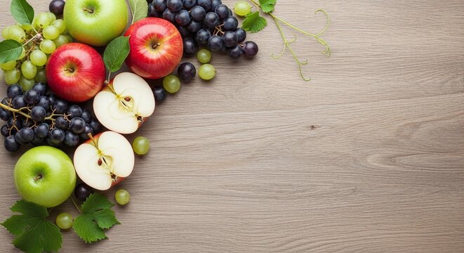 Fresh assortment of red and green apples with black and green grapes artfully arranged on a rustic wooden table, showcasing healthy eating and natural produce with ample copy space - Powered by Adobe
