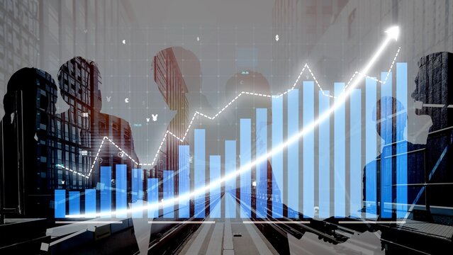 Business professionals collaborate in a modern office space, analyzing financial data with bar graphs and silhouettes that represent growth and teamwork. Copula