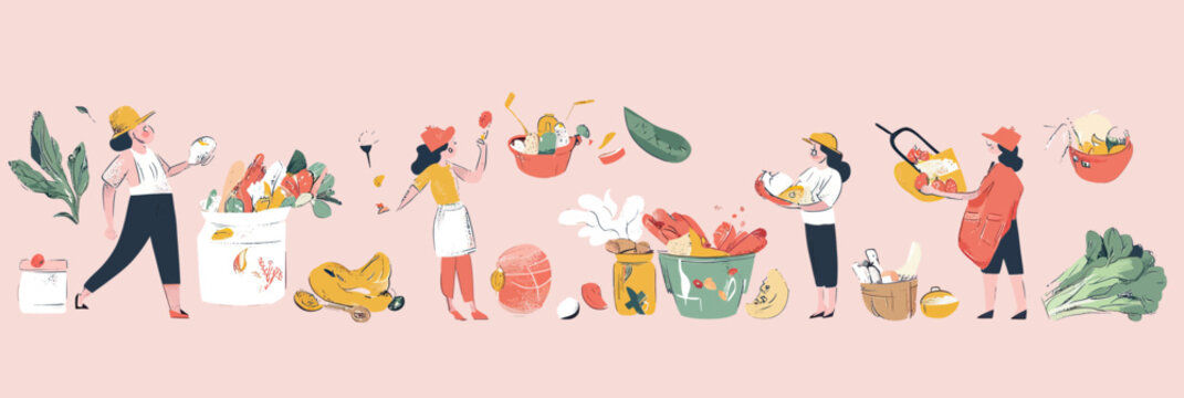 People engaged in food waste reduction activities with vegetables, fruits, compost bins, reusable bags, minimalist flat vector illustration