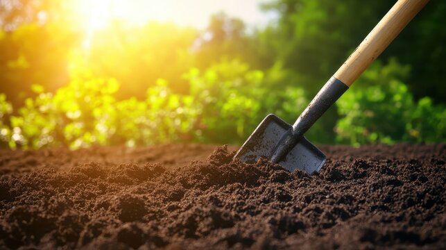 Close up view of a hoe in rich dark soil during tilling