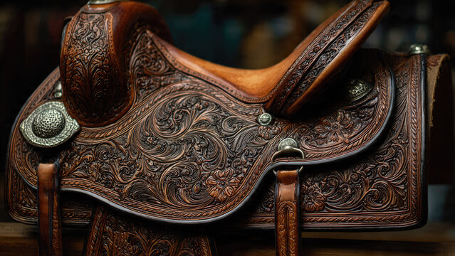 A magnificent close-up of a richly detailed brown leather Western saddle, featuring intricate floral tooling and decorative silver accents, highlighting exquisite craftsmanship.