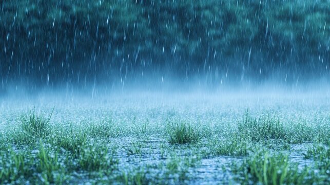 Heavy rain creating a curtain effect as it falls on green grass and a blurry background