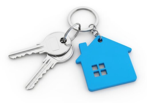Two silver keys with a blue house keychain isolated on white background - Powered by Adobe