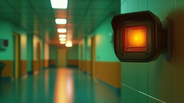 Infrared temperature sensing camera on wall in a long hallway