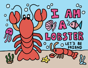 Hand drawn vector illustration of under the sea friends such as lobster, fish, sea shell, jellyfish, starfish, coral reef, sand for sea life background, aquarium, ocean, post card, animals, zoo, print