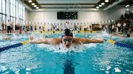 Professional swimmer in competition captured at water level mid-stroke.