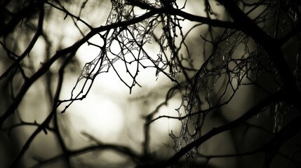 Intricate spiderweb patterns over branches in black and white