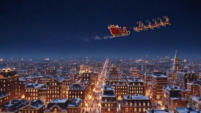 Santa Claus and his reindeer team flying across a magical