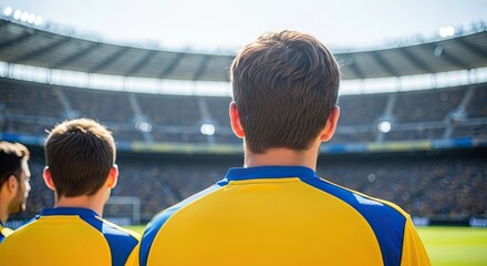 A team of professional athletes in yellow and blue jerseys stands united on the field, looking out at the vast, crowded grandstands of a sunlit stadium before a big game