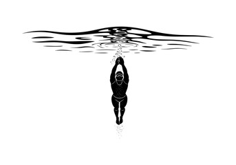 Diver silhouette entering water with ripples above in minimalist style