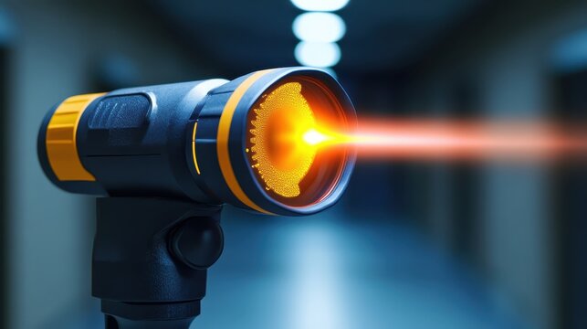 Handheld infrared thermometer emitting a red beam of light
