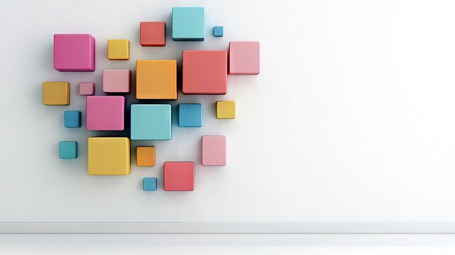 A collection of colorful, three-dimensional cubes are arranged in a cluster on a plain white wall, creating a visually appealing abstract composition.