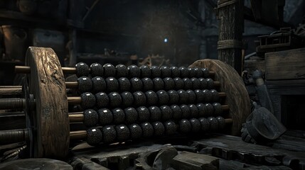 Gnarled Wooden Abacus with Dark Beads in a Rustic Scene