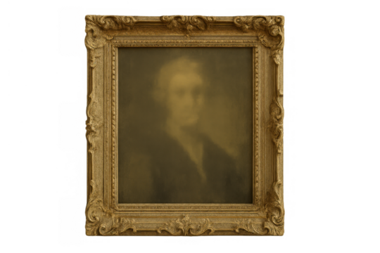 Vintage portrait painting of a man in an ornate gilded frame, art history, faded and antique fine art