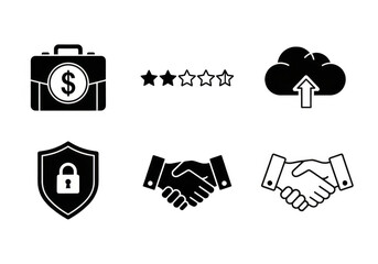 A collection of six distinct business icons isolated on transparent background, each representing a different aspect of commerce and finance in a simple, bold design