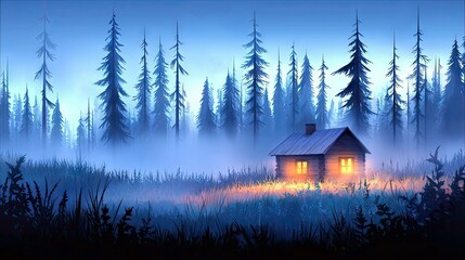 A small, rustic cabin sits nestled in a dense, misty pine forest as twilight descends, its windows emitting a warm, inviting glow.