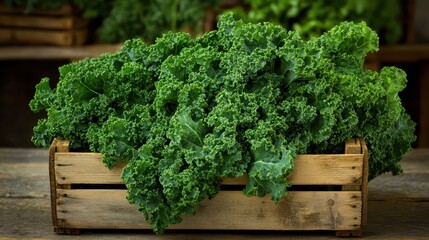 Fresh green kale arranged in a wooden crate