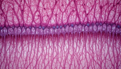 Microscopic view of retinal tissue with intricate nerve structures in vibrant purple color