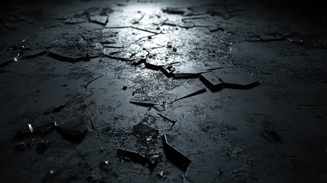 Jagged metal shards scattered across cracked concrete surface