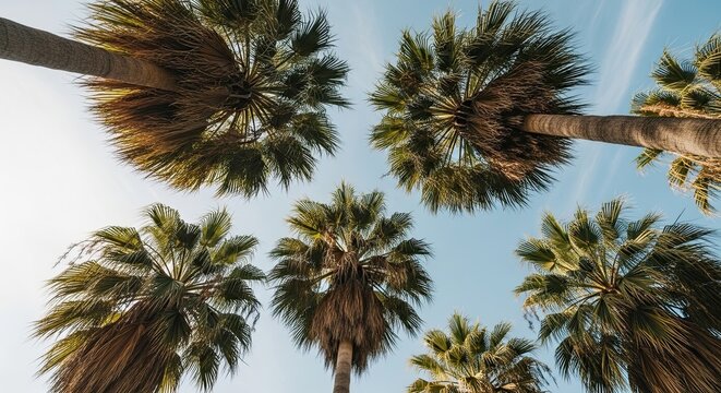 A low angle view looking up at a grove of tall fan palm trees against a clear blue sky on a sunny day, evoking a feeling of summer vacation and relaxation