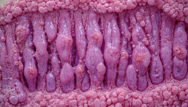 Close-up of pink intestinal villi showing the inner lining of the small intestine