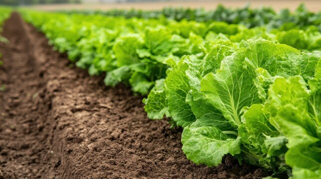 Rows of vibrant green organic romaine lettuce growing in a field - Powered by Adobe