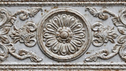 Weathered white cast iron panel detail with a central floral medallion and ornate scrollwork, showing rustic texture and aged charm.