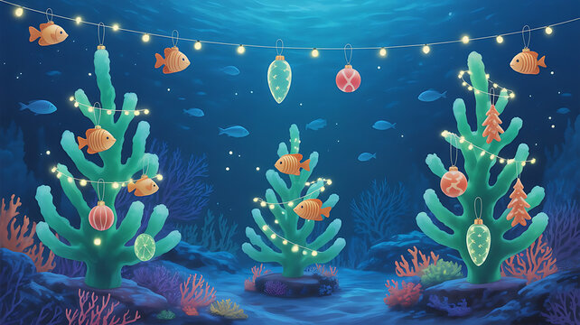 Underwater Christmas celebration with glowing coral trees and fish shaped ornaments with soft bioluminescent lighting it