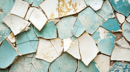 Shattered ceramic tile fragments scattered on a derelict kitchen floor showing a pattern of broken pieces