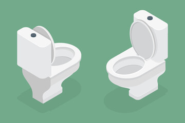 Ceramic toilet bowl for bathroom. Simple 3d flat isometric vector icon on a green background.