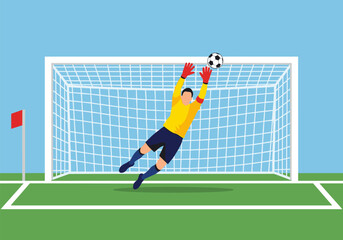 Obraz premium Goalkeeper saves penalty in flat design soccer match illustration