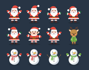 Charming collection of festive vector illustrations featuring Santa Claus, jovial snowmen, playful elves, and cute reindeer, ideal for holiday season greetings and joyful winter designs
