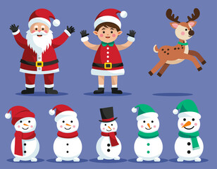 Delightful Christmas vector characters set featuring Santa Claus, a child, reindeer, and various happy snowmen, ideal for holiday season designs