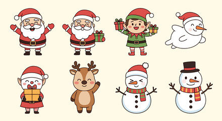 Joyful Christmas Vector Characters Collection Santa, Elves, Reindeer, and Snowmen Illustrations for Festive Holiday Season Designs