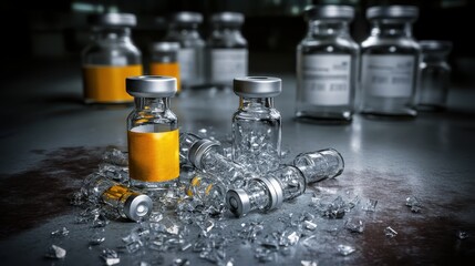 Shattered glass vials and scattered debris on a surface representing a medical or laboratory accident