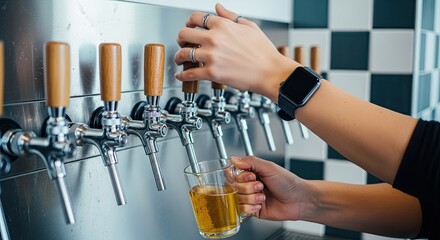 Close up of a bartender's hands pouring a fresh glass of light draft beer from a row of shiny chrome taps with wooden handles in a modern pub