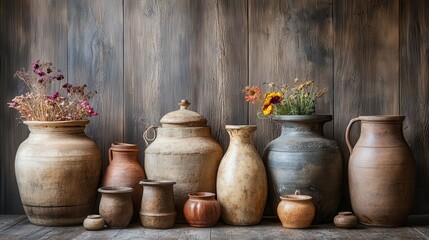 Rustic pottery and vases displayed with flowers in a warm light