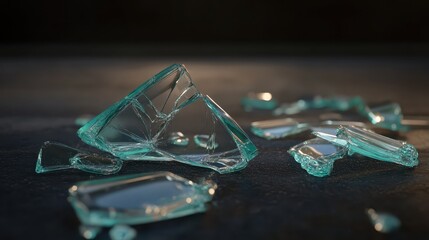 Sharp glass fragments from a shattered industrial container lie scattered on a dark textured surface with dramatic lighting