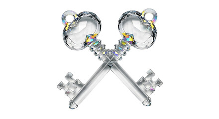 Two Ornate Faceted Crystal Keys Crossed, Symbolizing Authority, Power, and Access, on Transparent Background